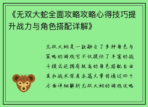 《无双大蛇全面攻略攻略心得技巧提升战力与角色搭配详解》