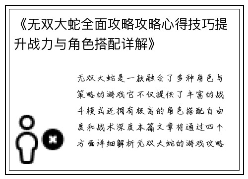 《无双大蛇全面攻略攻略心得技巧提升战力与角色搭配详解》