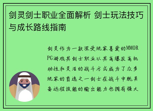 剑灵剑士职业全面解析 剑士玩法技巧与成长路线指南
